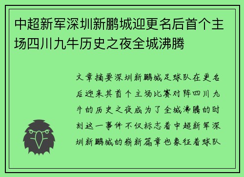 中超新军深圳新鹏城迎更名后首个主场四川九牛历史之夜全城沸腾