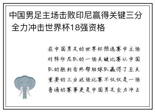 中国男足主场击败印尼赢得关键三分 全力冲击世界杯18强资格